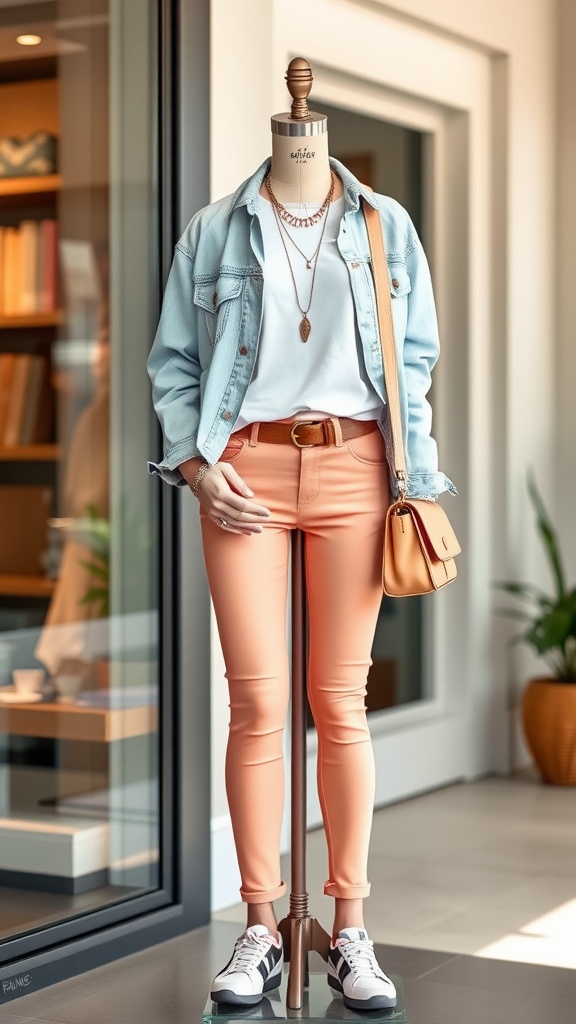Stylish salmon jeans outfit with a white t-shirt and denim jacket.